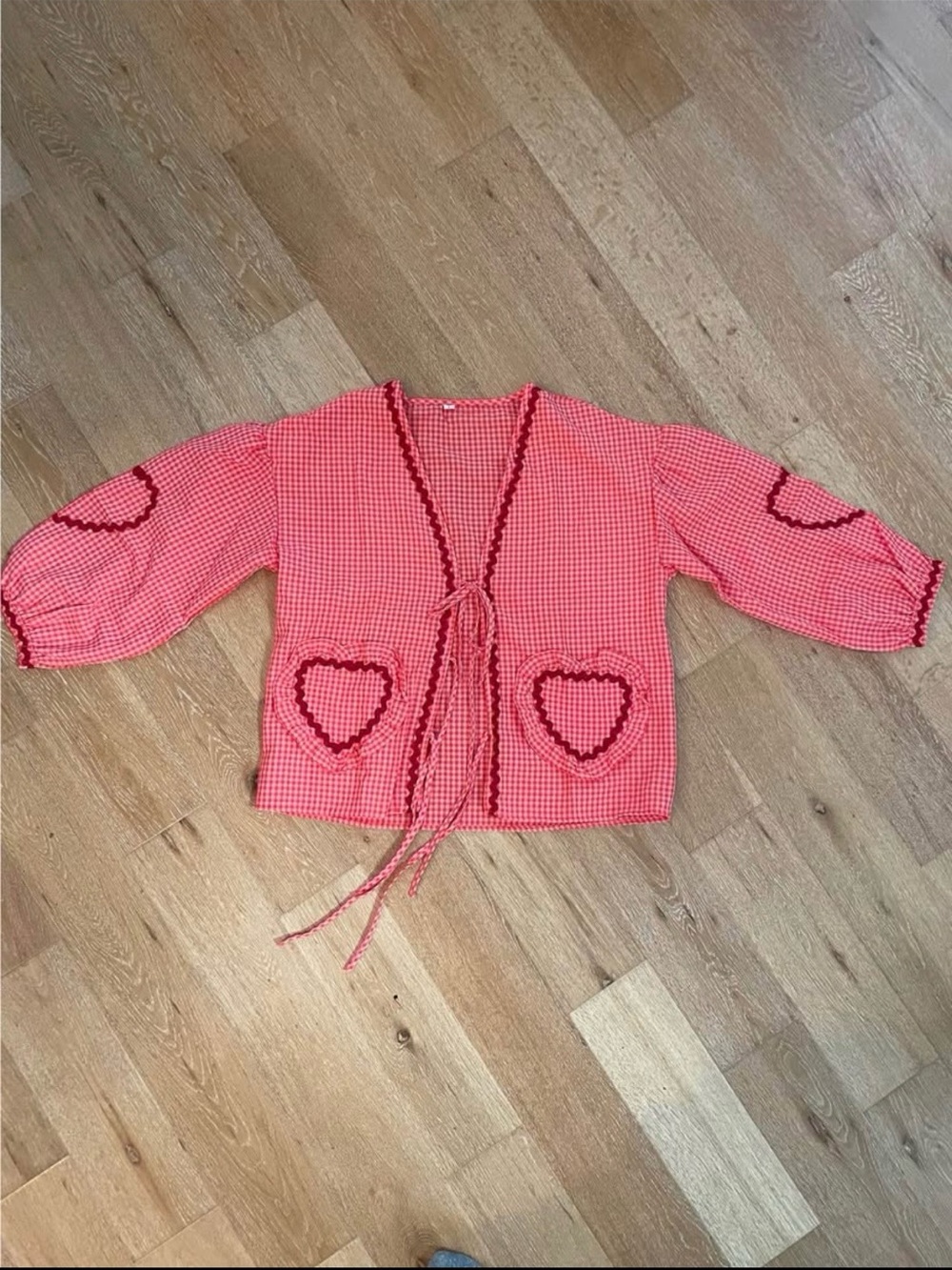 Pink Gingham Heart Tie Cardigan/Shacket Womens M Oversized